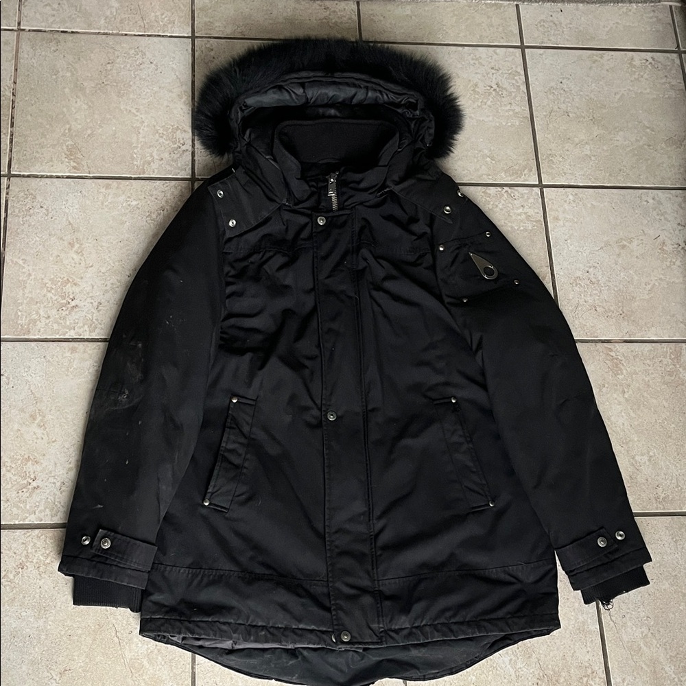 Moose Knuckles Black Puffer Jacket with Fur Hood
